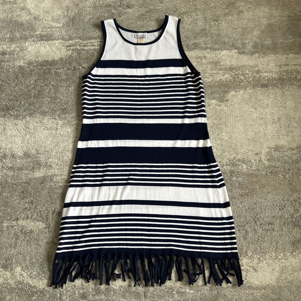 Tommy Bahama Striped Mesh Knit Fringe Cover Up Dress Navy White TSW22232C L